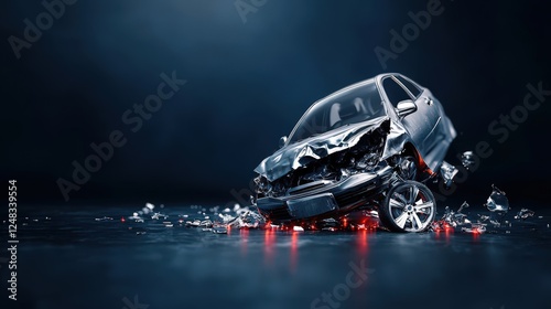 Broken car in the dark representing potential insurance fraud in realistic photography
