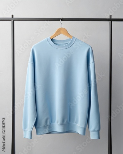 Light blue sweatshirt hanging on a wooden hanger on a minimalist rack photo