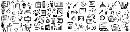 Creative workspace with various sketches of office supplies and productivity elements in a black and white style