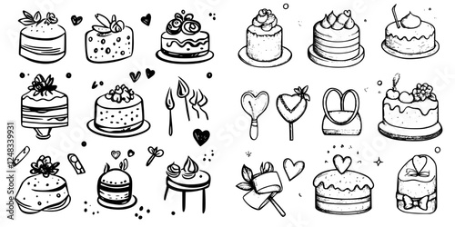 Delicious variety of hand-drawn cakes and desserts in a cheerful, artistic style showcasing creativity and sweetness