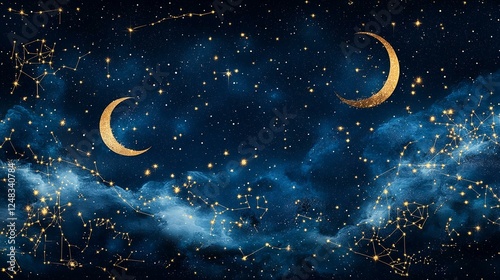 Golden crescent moons and constellations shine brightly in a dreamy night sky, perfect for fantasy or celestial themed designs