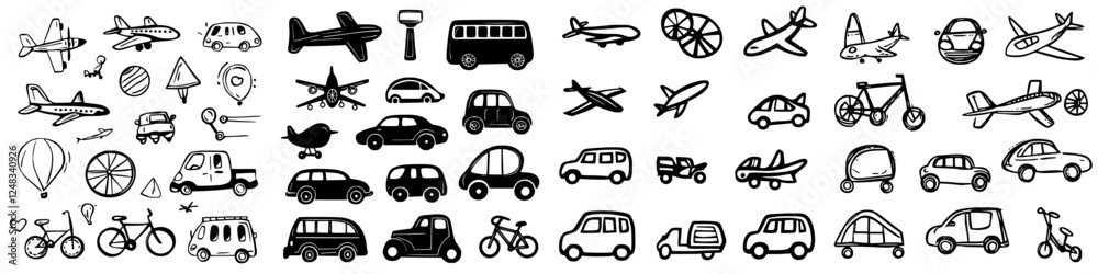 Collection of hand-drawn sketches representing various modes of transportation showcased on a white background Collection of hand-drawn sketches representing various modes of transportation showcased on a white background