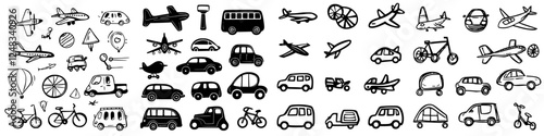 Collection of hand-drawn sketches representing various modes of transportation showcased on a white background