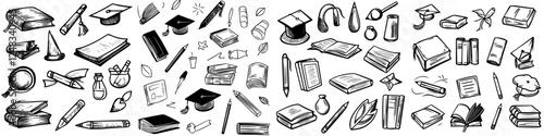 Collection of various stationery items, books, and educational tools displayed in a creative arrangement