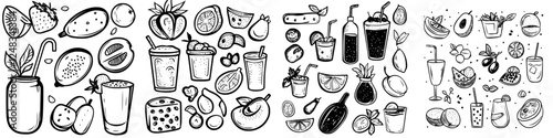 Variety of hand-drawn fruit juices and beverages displayed in a creative arrangement