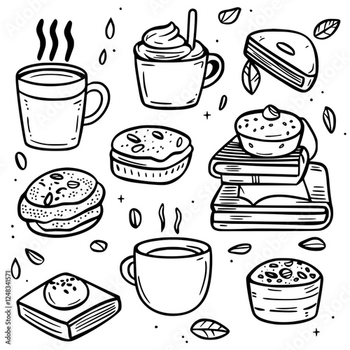 Cozy coffee and dessert assortment featuring pastries and books during a relaxed afternoon