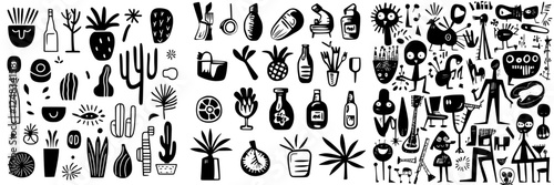 Colorful collection of abstract illustrations featuring plants, bottles, and unique figures with a playful style