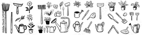 Garden tools and plants illustrated in a detailed black and white design for home gardening enthusiasts
