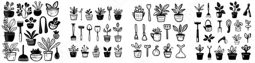 Various potted plants and gardening tools illustrated in a minimalist style with black and white colors