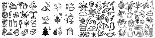 Creative illustrations of tropical elements and beverages in a vibrant and playful design suitable for summer themes