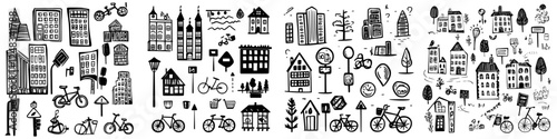 Creative black and white illustrations of bicycles and urban buildings suitable for city art and design projects