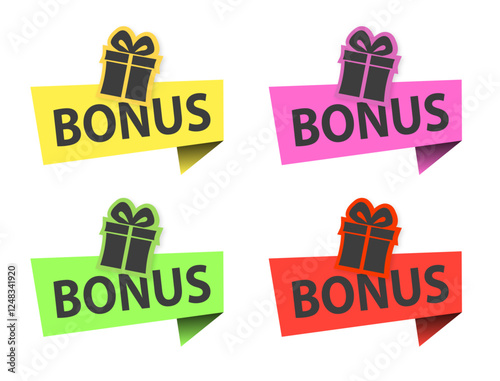 set of multi-colored vector stickers with promotion bonus text