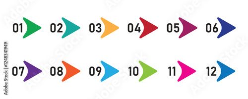 Arrow direction colorful number bullet points from one to twelve. Creative vector illustration of number bullet points set 1 to 12 isolated on white background.