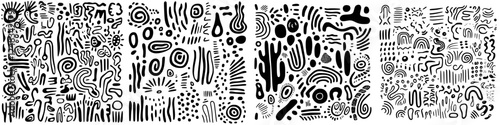 Abstract black and white patterns showcasing various geometric shapes and lines created on a white background