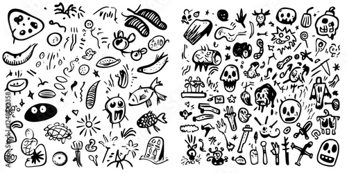 Unique hand-drawn illustrations featuring a variety of whimsical and spooky characters in black and white