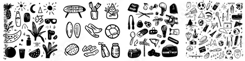 Various hand-drawn illustrations depicting summer activities, fruits, and outdoor leisure items in a fun and creative style