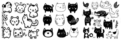 Cute animal doodles featuring cats, dogs, birds, and various whimsical characters in black and white illustrations