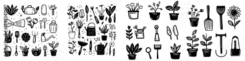 Collection of hand-drawn gardening tools and plants in black and white for creative inspiration