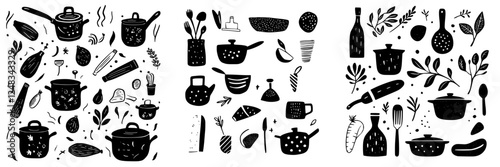 Cookware and culinary illustrations featuring pots, pans, and fresh ingredients for creative cooking
