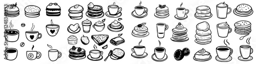 Delicious assortment of hand-drawn desserts and beverages in black and white showcasing various treats and drinks creatively arranged