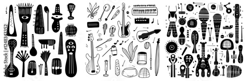 Unique collection of musical instruments and elements with vibrant designs showcasing diverse cultures