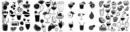 Collection of various drink illustrations featuring cocktails, fruits, and desserts in black and white design