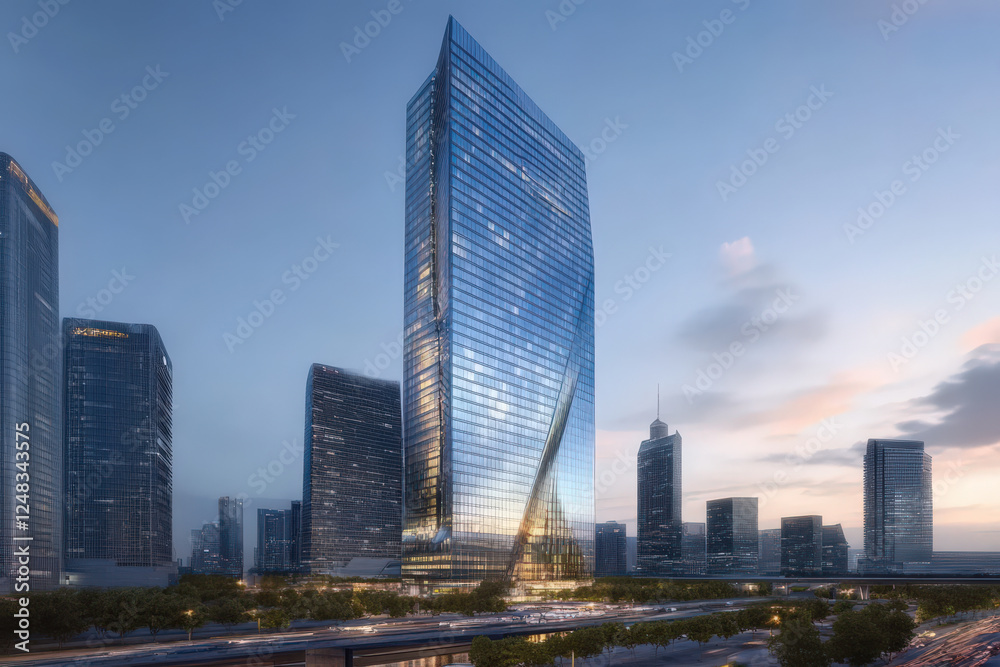 Futuristic skyscraper gleams against evening sky Futuristic skyscraper gleams against evening sky