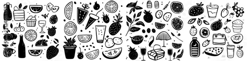 Creative black and white illustration of various fruits, drinks, and summer-themed items displayed in a vibrant arrangement