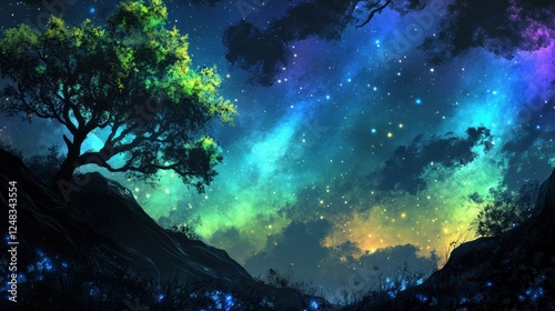 Night Sky Over Hillside Tree And Glowing Flora