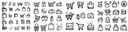 Illustration of shopping carts and bags depicting various shopping activities and items to buy at a market or store