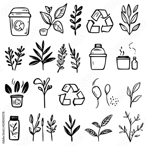 Various botanical illustrations and eco-friendly icons arranged in a grid, perfect for environmental awareness projects