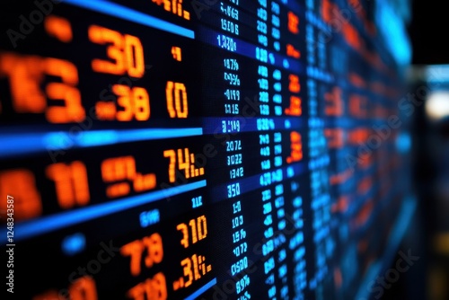 Close up of a digital stock market ticker showing fluctuating numbers in blue and orange, representing real time financial data and market trends