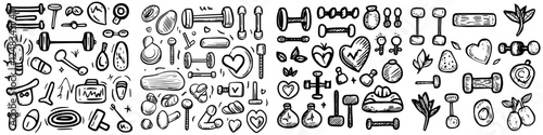 Collection of hand-drawn fitness icons showcasing weights, gym equipment, and healthy lifestyle elements in a decorative layout