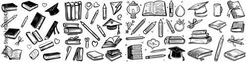 Collection of hand-drawn educational items including books, pens, and graduation caps on white background