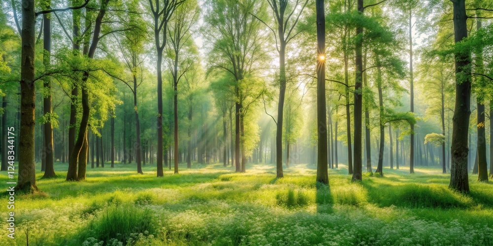 Obraz premium Sunbeams Illuminate Serene Spring Forest Meadow With Lush Greenery and Delicate Wildflowers