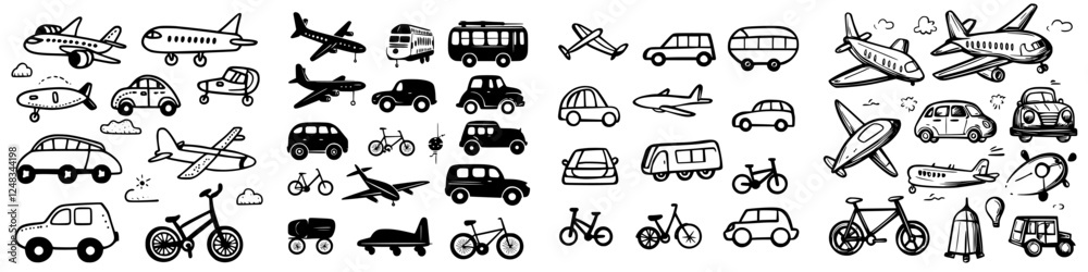 Various modes of transportation sketched in a black and white style showcasing cars, planes, and bicycles