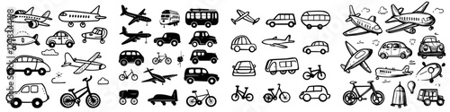 Various modes of transportation sketched in a black and white style showcasing cars, planes, and bicycles