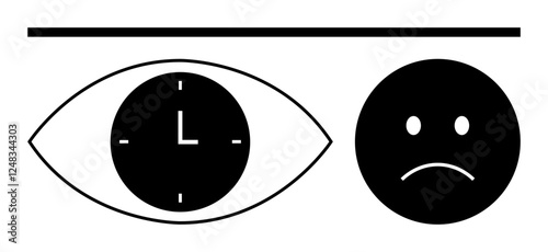 Eye enclosing clock, straight line, sad face evoke themes of stress, burnout, deadlines, and emotions. Ideal for time pressure, mental health, productivity work-life balance anxiety abstract line