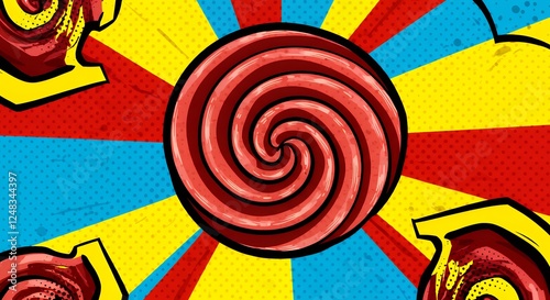 A vibrant, comic-style illustration of a swirling candy with a colorful background.