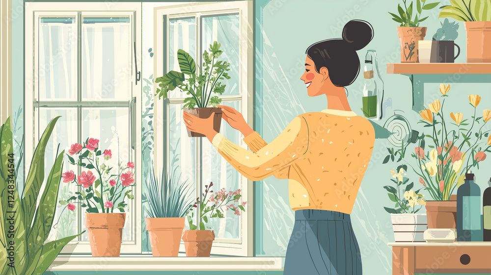 A woman cleaning her house in spring, opening the windows to let in fresh air and light, with potted plants and colorful flowers, creating a bright, organized atmosphere. A woman cleaning her house in spring, opening the windows to let in fresh air and light, with potted plants and colorful flowers, creating a bright, organized atmosphere.