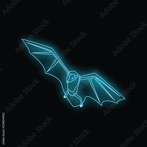 Neon blue bat flying with its wings spread on a black background