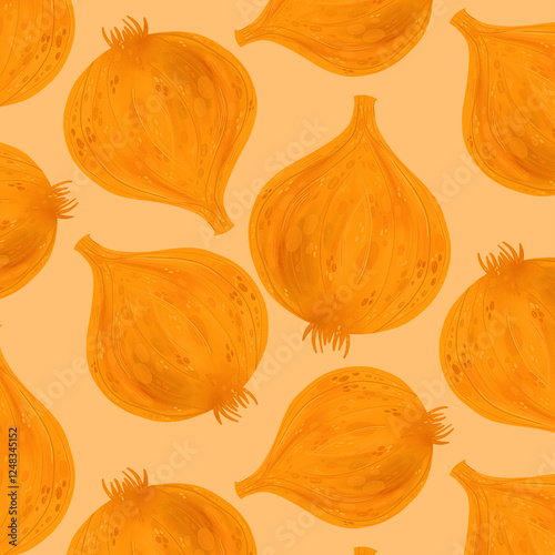 Raster pattern with onions on a beige background. Modern fashion illustration for cafes, restaurants, menus, fabrics, websites