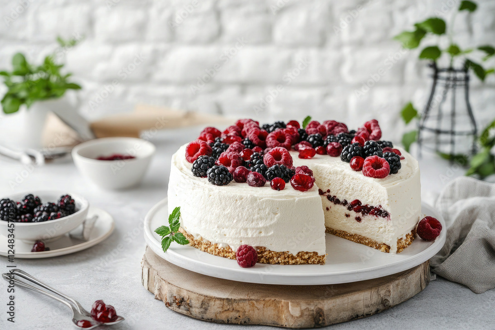 Delicious No-Bake Cheesecake with Fresh Berries on Rustic Wooden Stand Delicious No-Bake Cheesecake with Fresh Berries on Rustic Wooden Stand