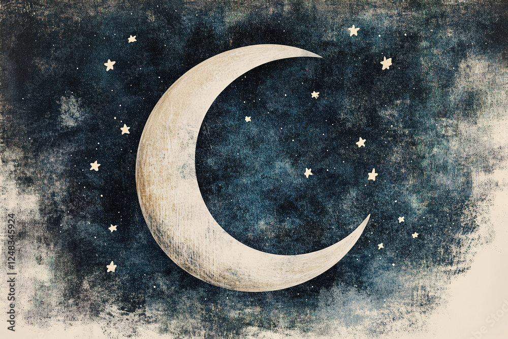Night sky with crescent moon and stars depicted in a calming artistic style Night sky with crescent moon and stars depicted in a calming artistic style