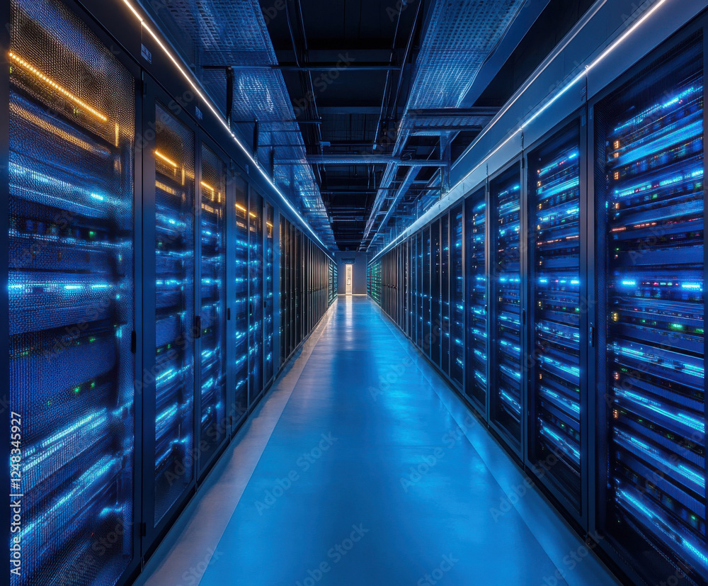 Data center corridor features illuminated server racks and modern technology at night in a high-tech facility Data center corridor features illuminated server racks and modern technology at night in a high-tech facility