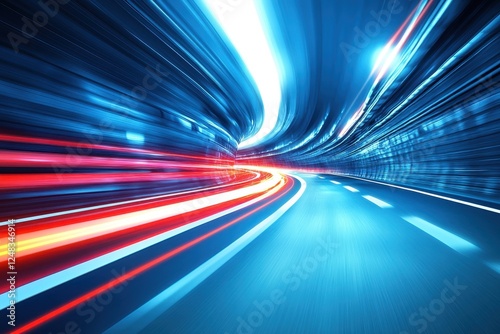 Vibrant red and blue light trails create a sense of motion and speed in a futuristic tunnel, capturing the essence of fast paced travel