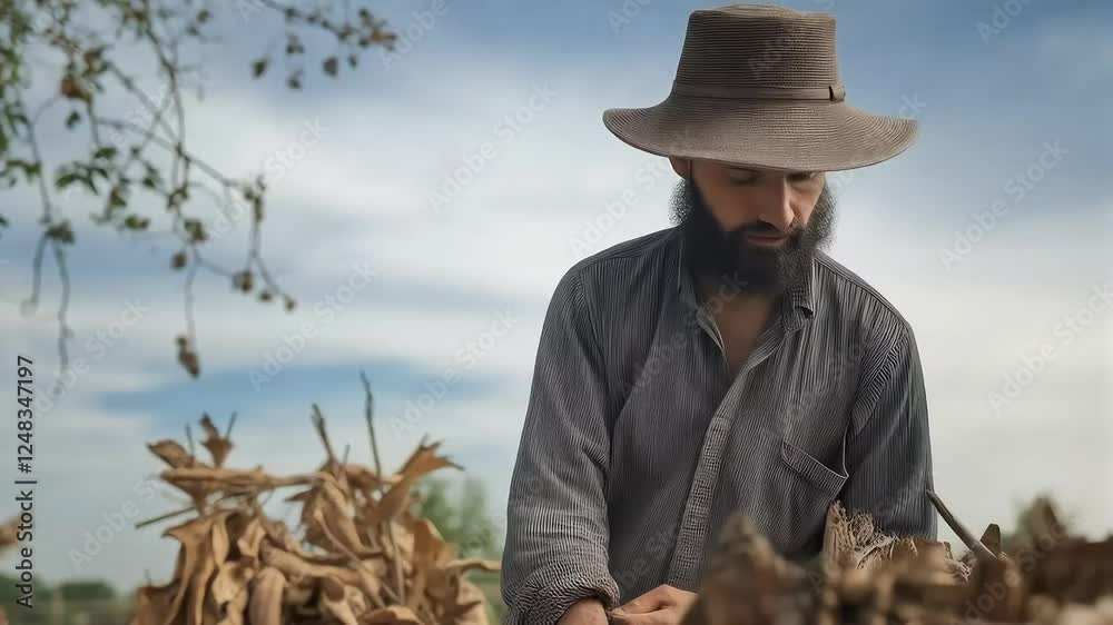 Amish man in field working with straw, traditional farming life, rural occupation, hard work on farm