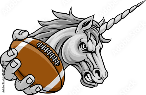 Unicorn horse stallion American football angry sports team mascot holding a ball.