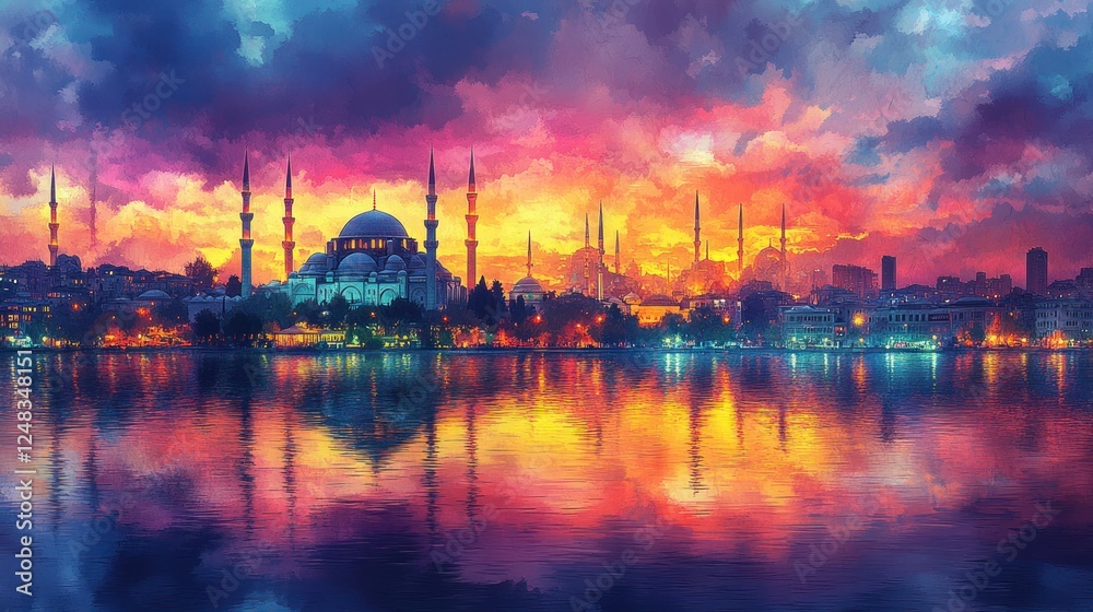 Istanbul sunset, mosque reflection, city skyline, vibrant colors, travel poster