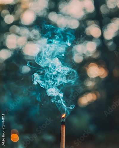 Burning incense stick releasing curling smoke, creating a serene atmosphere for meditation and reflection. Generative AI